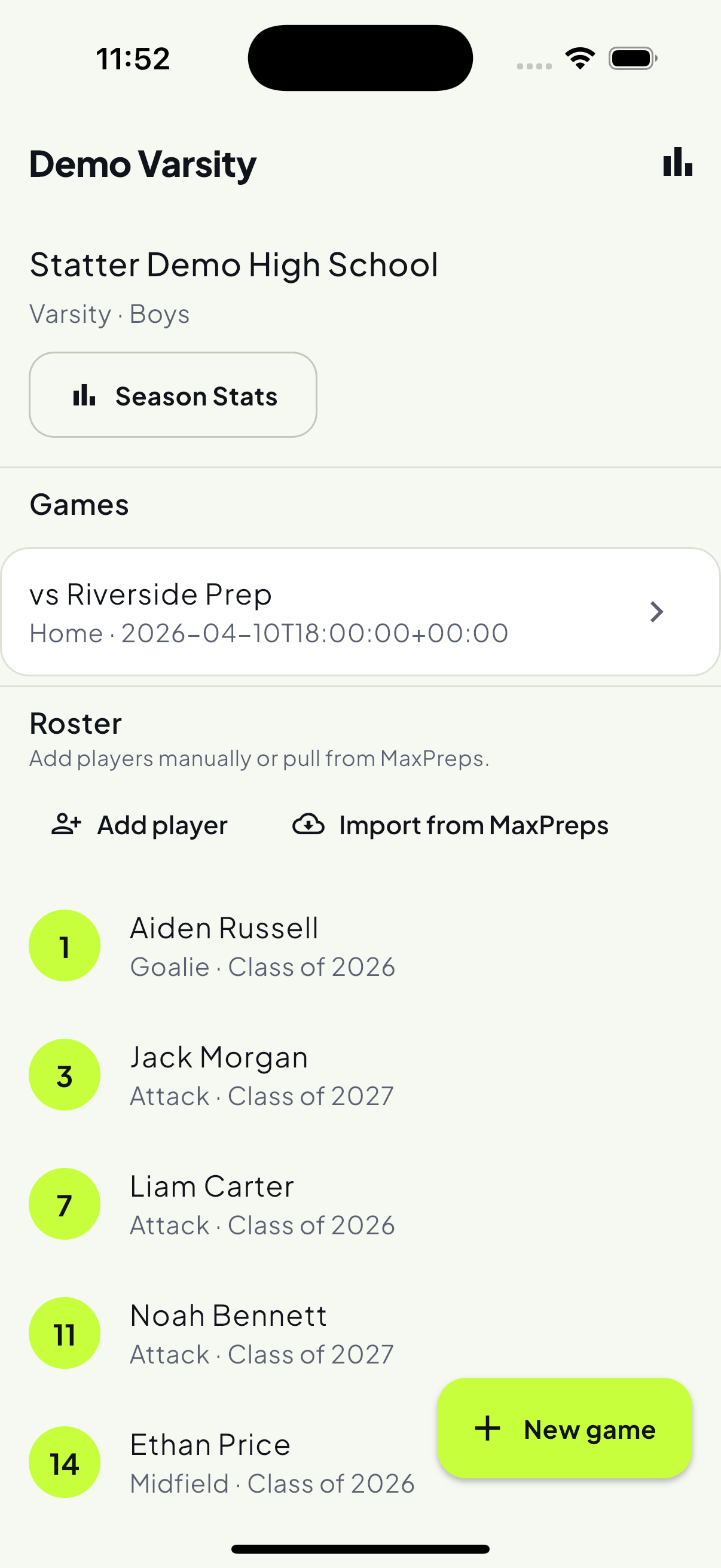 The Statter team screen showing an imported roster with players, numbers and positions.