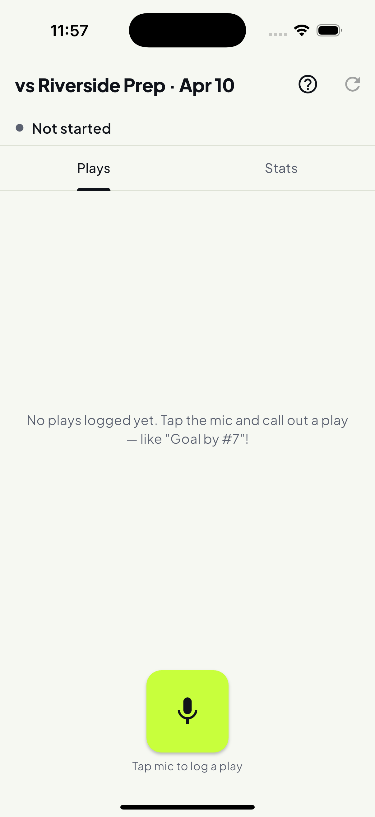 The Statter play-logging screen with a large mic button to call out a play.